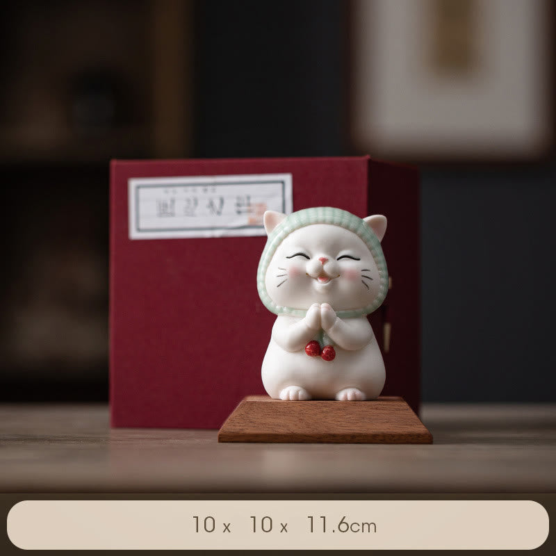 Buddha Stones Lucky Cute Cat In Scarf Ceramic Figurine Decoration - Cat+Wooden Base(Gift Box) - image 23