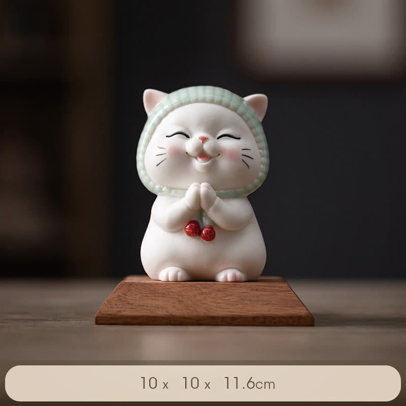 Buddha Stones Lucky Cute Cat In Scarf Ceramic Figurine Decoration - Cat+Wooden Base 10*10*11.6cm - image 13