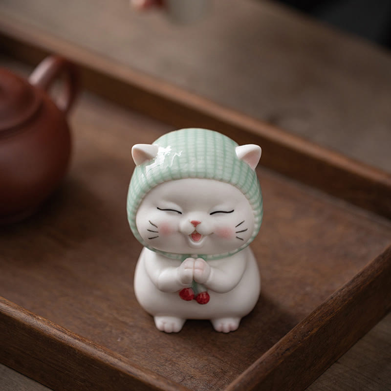 Buddha Stones Lucky Cute Cat In Scarf Ceramic Figurine Decoration - image 2