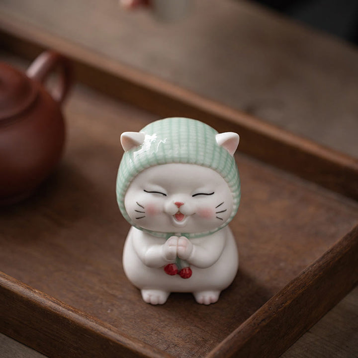 Buddha Stones Lucky Cute Cat In Scarf Ceramic Figurine Decoration - image 2