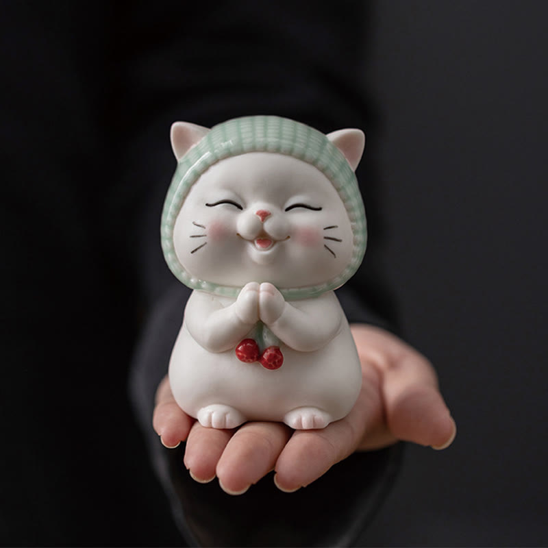 Buddha Stones Lucky Cute Cat In Scarf Ceramic Figurine Decoration - Cat 5.7*6.4*9.1cm - image 1