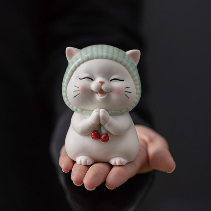Buddha Stones Lucky Cute Cat In Scarf Ceramic Figurine Decoration - Cat 5.7*6.4*9.1cm - image 1
