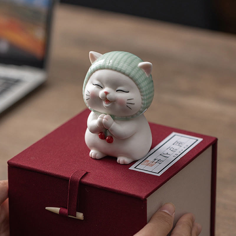 Buddha Stones Lucky Cute Cat In Scarf Ceramic Figurine Decoration - image 21