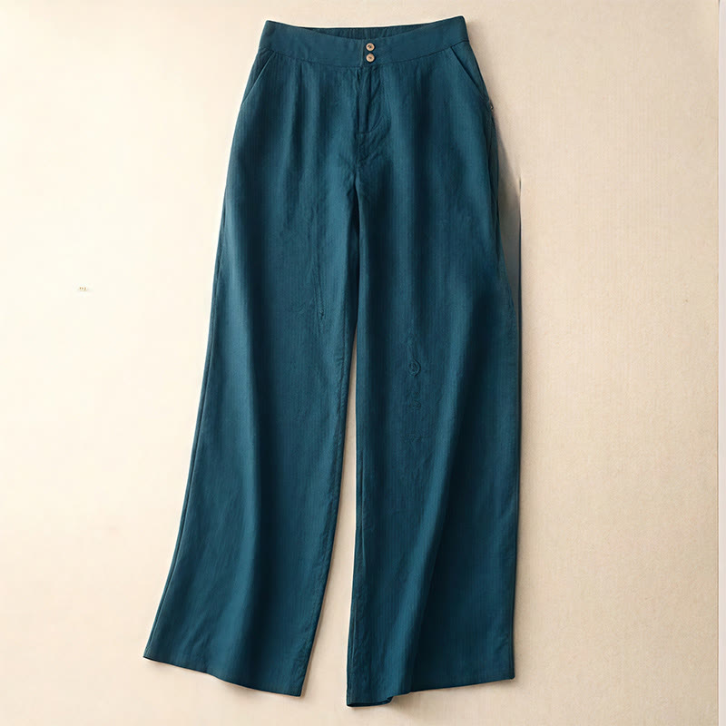 Buddha Stones Summer Casual Simple Design Linen Women's Wide Leg Pants With Zipper Pockets - Teal - US8-10,UK/AU12-14,EU40-42 (2XL) - image 1