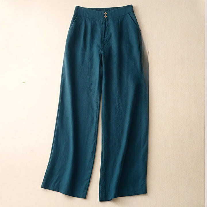 Buddha Stones Summer Casual Simple Design Linen Women's Wide Leg Pants With Zipper Pockets - Teal - US8-10,UK/AU12-14,EU40-42 (2XL) - image 1
