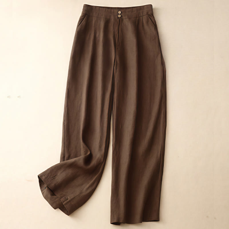 Buddha Stones Summer Casual Simple Design Linen Women's Wide Leg Pants With Zipper Pockets - SaddleBrown - US8-10,UK/AU12-14,EU40-42 (2XL) - image 62