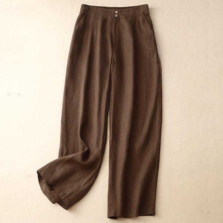 Buddha Stones Summer Casual Simple Design Linen Women's Wide Leg Pants With Zipper Pockets - SaddleBrown - US8-10,UK/AU12-14,EU40-42 (2XL) - image 62