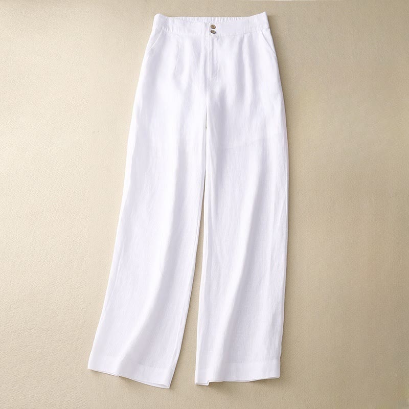 Buddha Stones Summer Casual Simple Design Linen Women's Wide Leg Pants With Zipper Pockets - White - US8-10,UK/AU12-14,EU40-42 (2XL) - image 6