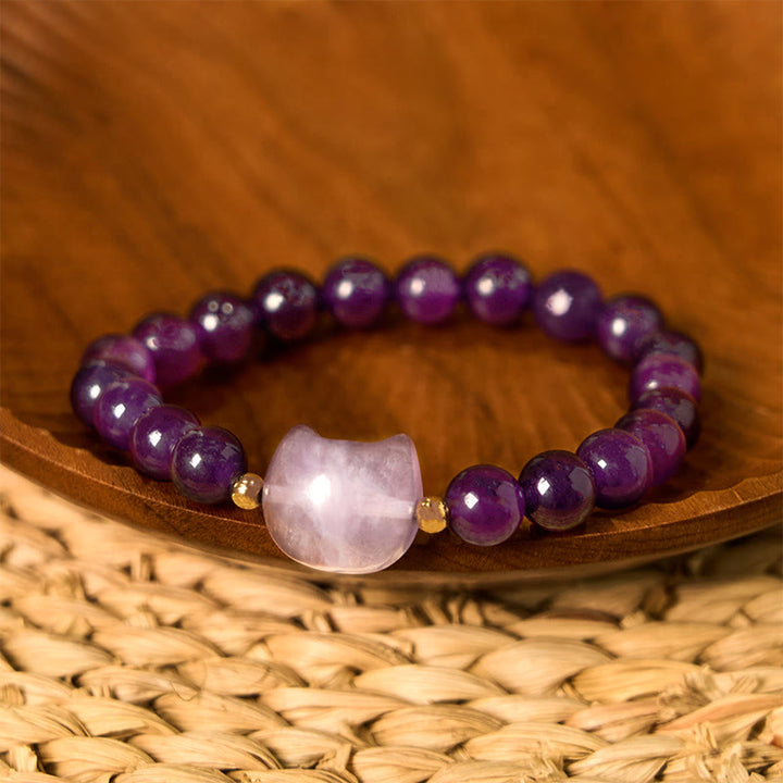 Buddha Stones Amethyst Green Aventurine Rose Quartz Fluorite Cat Head Balance Luck Bracelet - Amethyst(Wrist Circumference: 16-17cm) - image 1