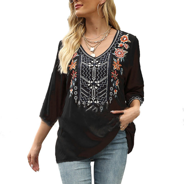 Buddha Stones Spring Casual Plain Embroidery Floral Pattern Design Three Quarter Sleeve V-neck Cotton Women's T-Shirt