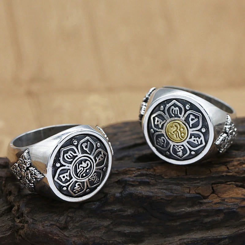 Buddha Stones Tibetan Om Mani Padme Hum Vajra Pattern Copper Focus Rotatable Ring