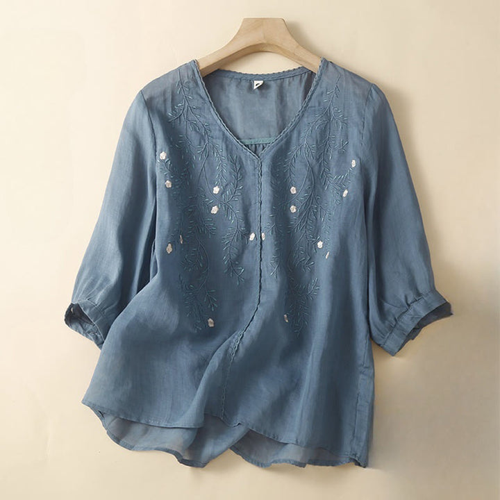 Buddha Stones Summer Casual Flower Branches Embroidered Pattern V-Neck Half Sleeve Cotton Linen Women's T-shirt