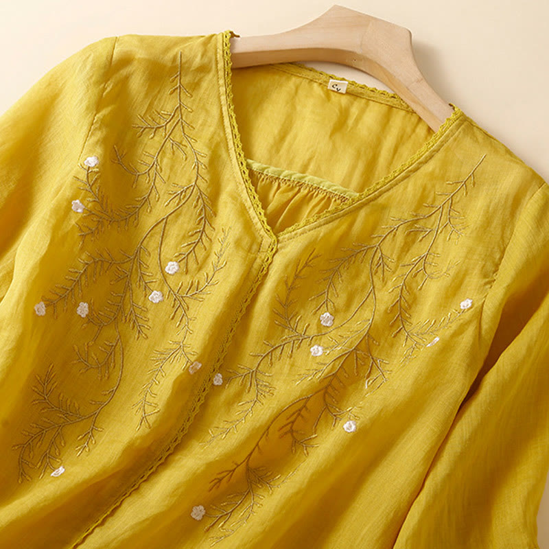 Buddha Stones Summer Casual Flower Branches Embroidered Pattern V-Neck Half Sleeve Cotton Linen Women's T-shirt