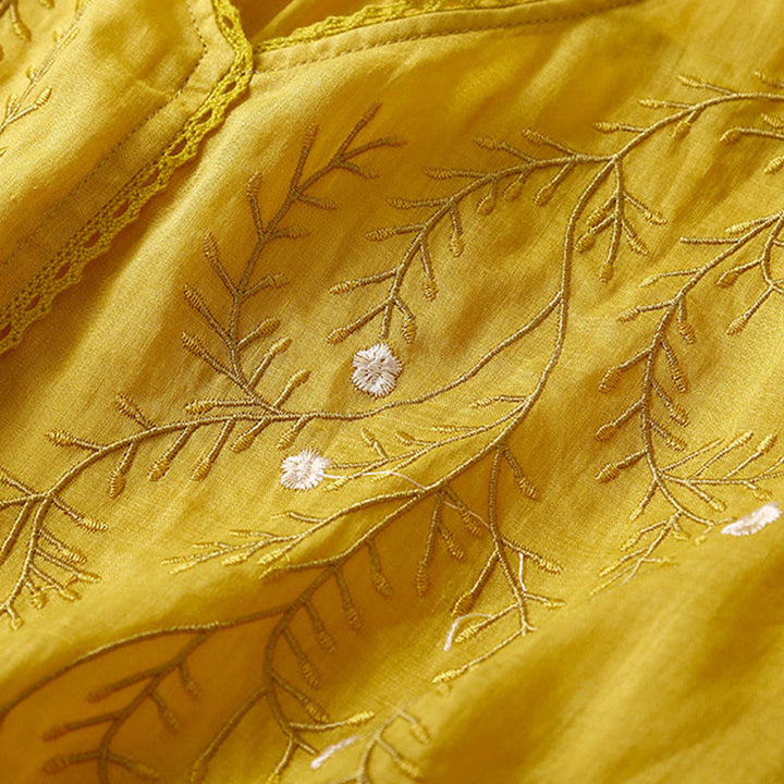 Buddha Stones Summer Casual Flower Branches Embroidered Pattern V-Neck Half Sleeve Cotton Linen Women's T-shirt