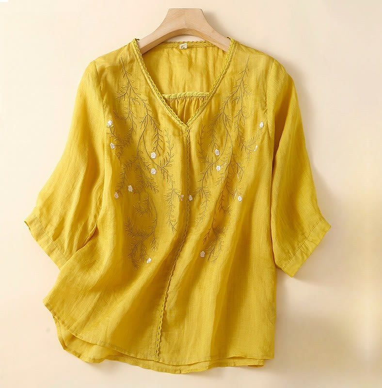 Buddha Stones Summer Casual Flower Branches Embroidered Pattern V-Neck Half Sleeve Cotton Linen Women's T-shirt