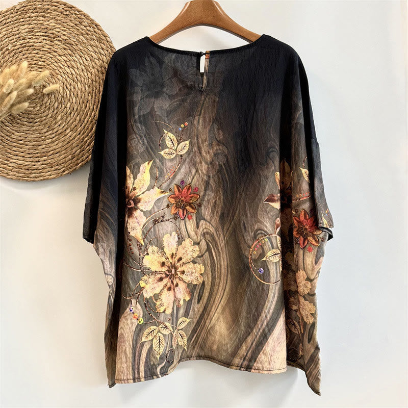 Buddha Stones Casual Loose Printed Flowers Leaves Women's Crew Neck Design Half Sleeve Polyester T-shirt