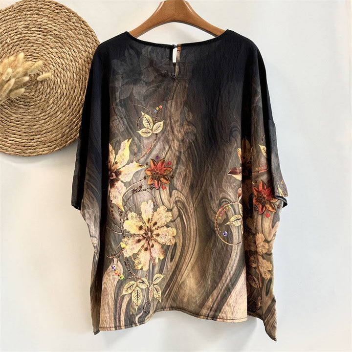 Buddha Stones Casual Loose Printed Flowers Leaves Women's Crew Neck Design Half Sleeve Polyester T-shirt