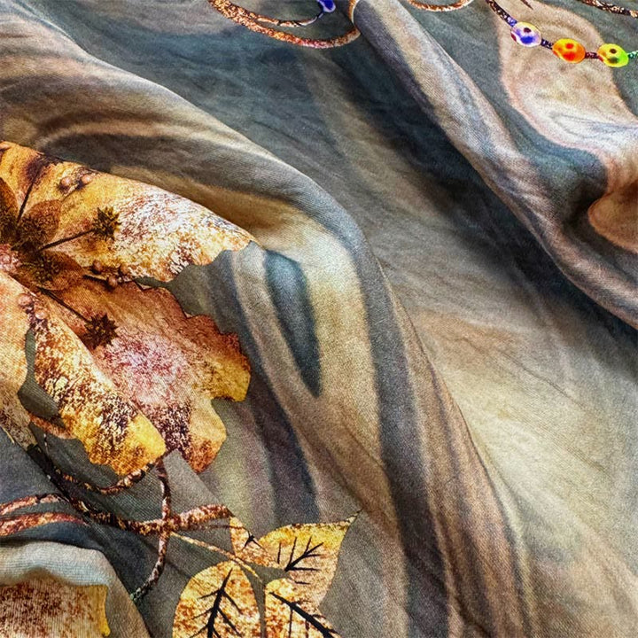 Buddha Stones Casual Loose Printed Flowers Leaves Women's Crew Neck Design Half Sleeve Polyester T-shirt