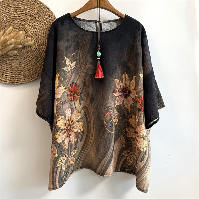Buddha Stones Casual Loose Printed Flowers Leaves Women's Crew Neck Design Half Sleeve Polyester T-shirt