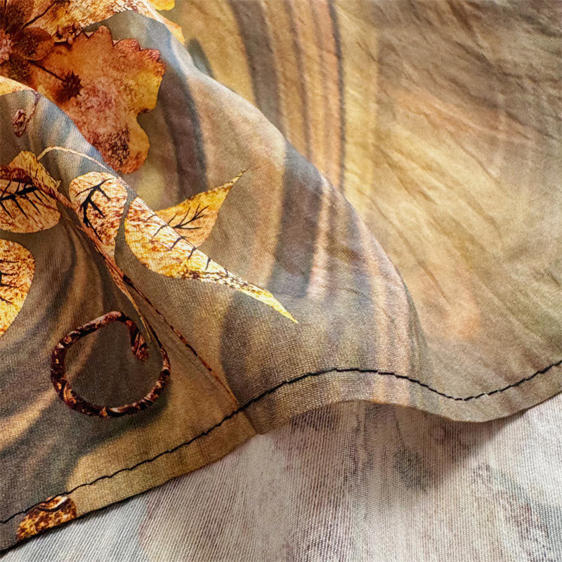 Buddha Stones Casual Loose Printed Flowers Leaves Women's Crew Neck Design Half Sleeve Polyester T-shirt