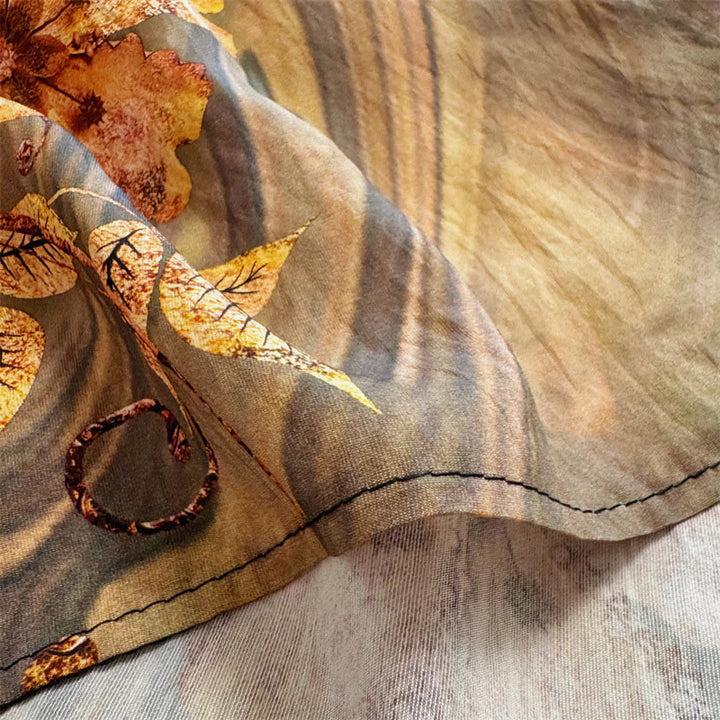 Buddha Stones Casual Loose Printed Flowers Leaves Women's Crew Neck Design Half Sleeve Polyester T-shirt