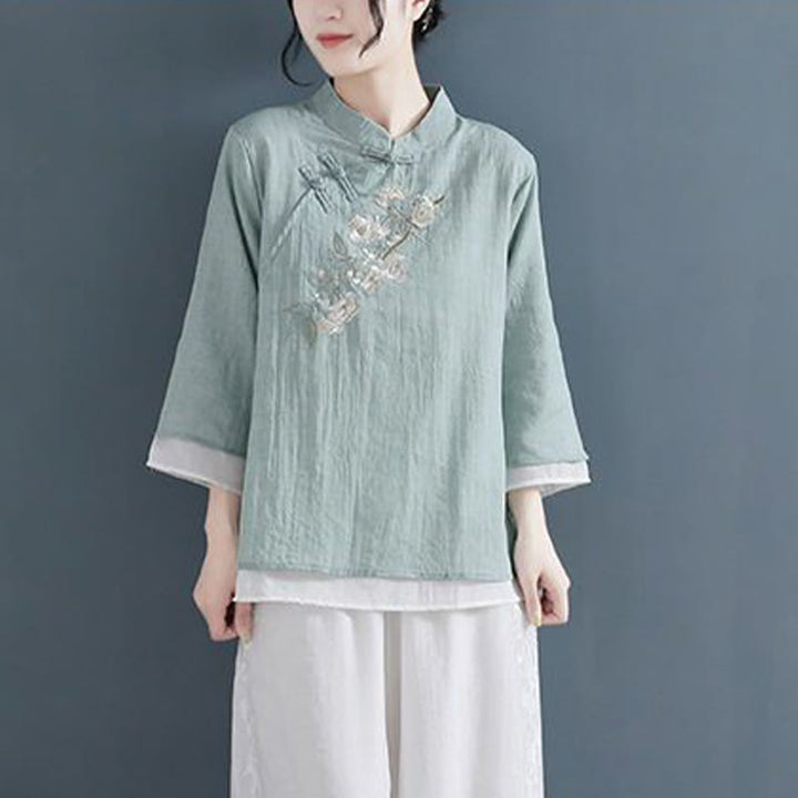 Buddha Stones Flower Embroidery Three Quarter Sleeve Frog-Button Mandarin Collar Cotton Linen Women's Shirt - MediumAquamarine - US12,UK/AU16,EU44 (3XL) - image 13