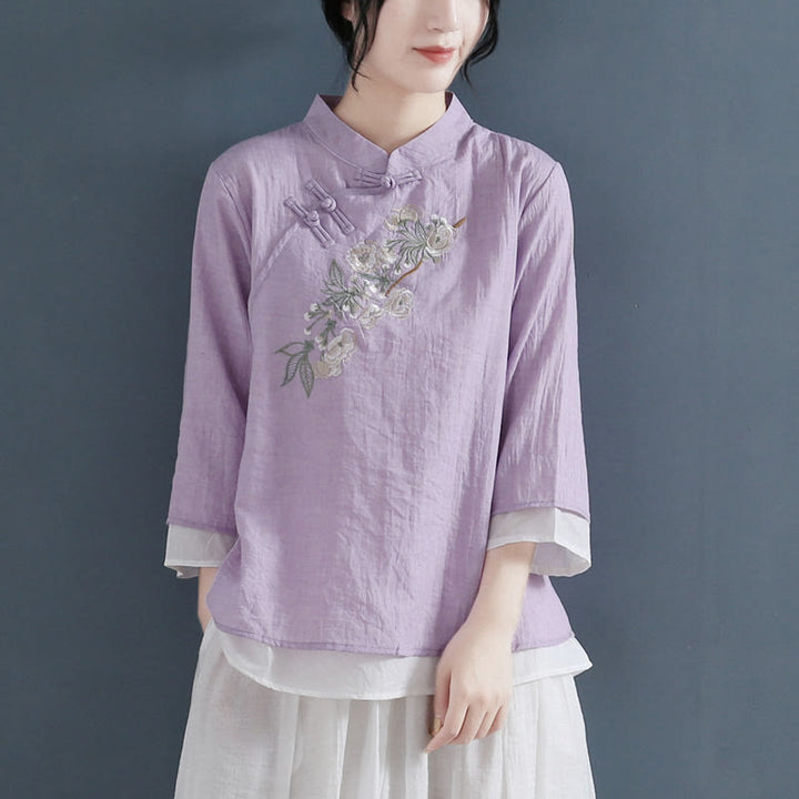 Buddha Stones Flower Embroidery Three Quarter Sleeve Frog-Button Mandarin Collar Cotton Linen Women's Shirt - Violet - US12,UK/AU16,EU44 (3XL) - image 7