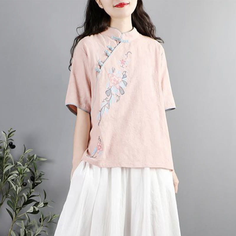Buddha Stones Summer Flower Embroidery Half Sleeve Frog-Button Mandarin Collar Cotton Linen Women's Shirt - image 4