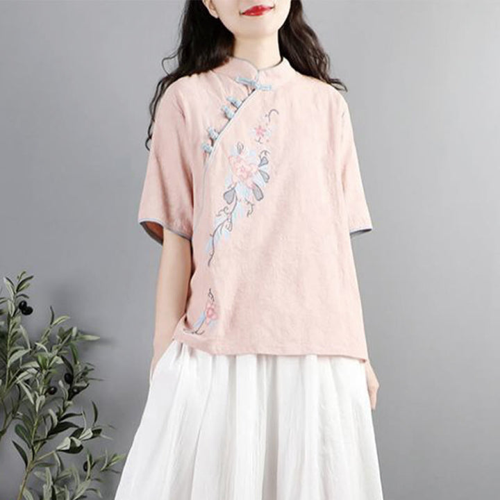 Buddha Stones Summer Flower Embroidery Half Sleeve Frog-Button Mandarin Collar Cotton Linen Women's Shirt - image 4