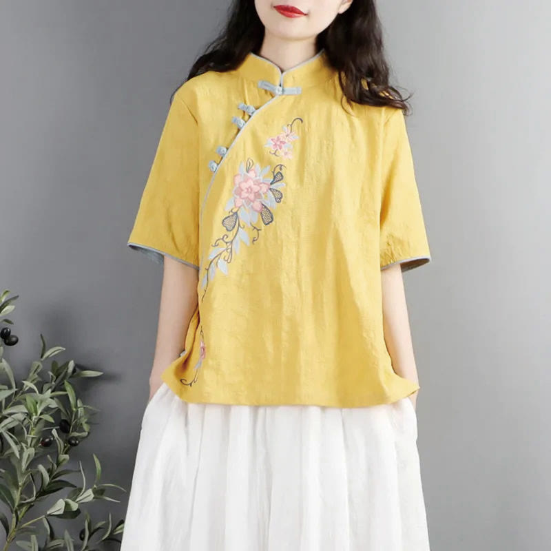 Buddha Stones Summer Flower Embroidery Half Sleeve Frog-Button Mandarin Collar Cotton Linen Women's Shirt - Yellow - US12,UK/AU16,EU44 (3XL) - image 9