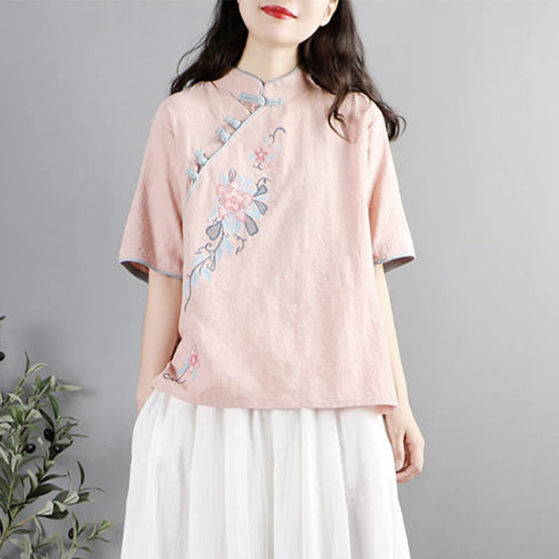 Buddha Stones Summer Flower Embroidery Half Sleeve Frog-Button Mandarin Collar Cotton Linen Women's Shirt - MistyRose - US12,UK/AU16,EU44 (3XL) - image 3