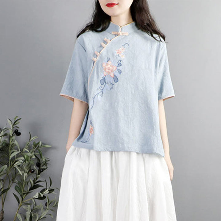 Buddha Stones Summer Flower Embroidery Half Sleeve Frog-Button Mandarin Collar Cotton Linen Women's Shirt - image 1