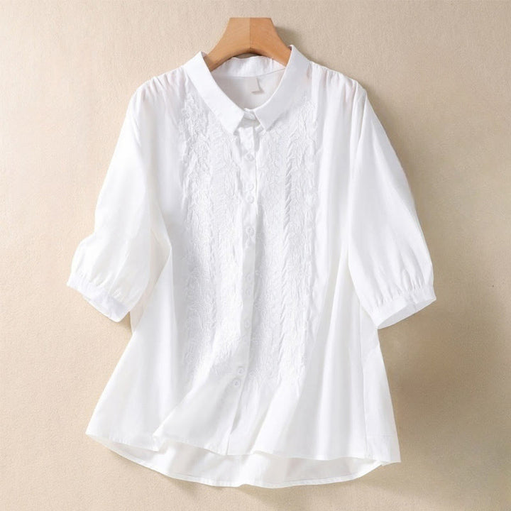 Buddha Stones Summer Plain Button Embroidery Flower Pattern Three Quarter Sleeve Lapel Cotton Linen Women's Shirt - White - US12,UK/AU16,EU44 (2XL) - image 5