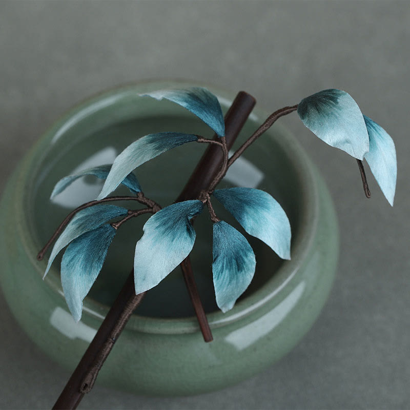 Buddha Stones Handmade Velvet Flower Bamboo Leaf Soft Hairpin