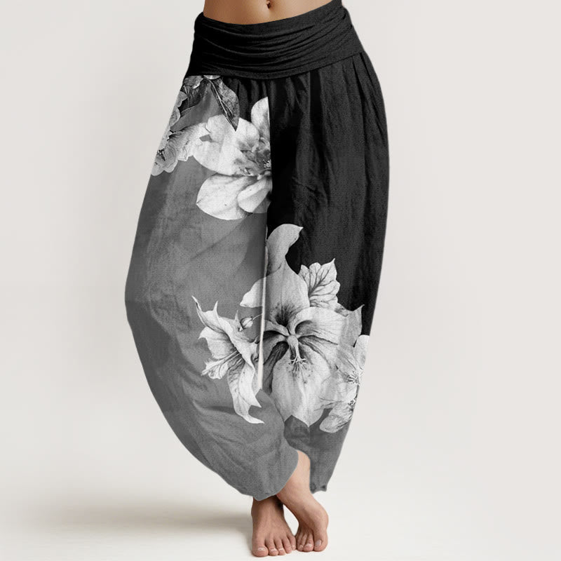 Buddha Stones Camellia Pattern Women's Elastic Waist Harem Pants - Black - US22,UK/AU26,EU54 (6XL) - image 8