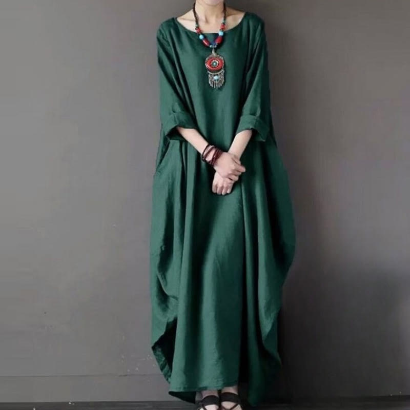 Buddha Stones Solid Color Three Quarter Sleeve Cotton Women's Maxi Dress - DarkGreen - US16,UK/AU20,EU48 (5XL) - image 9