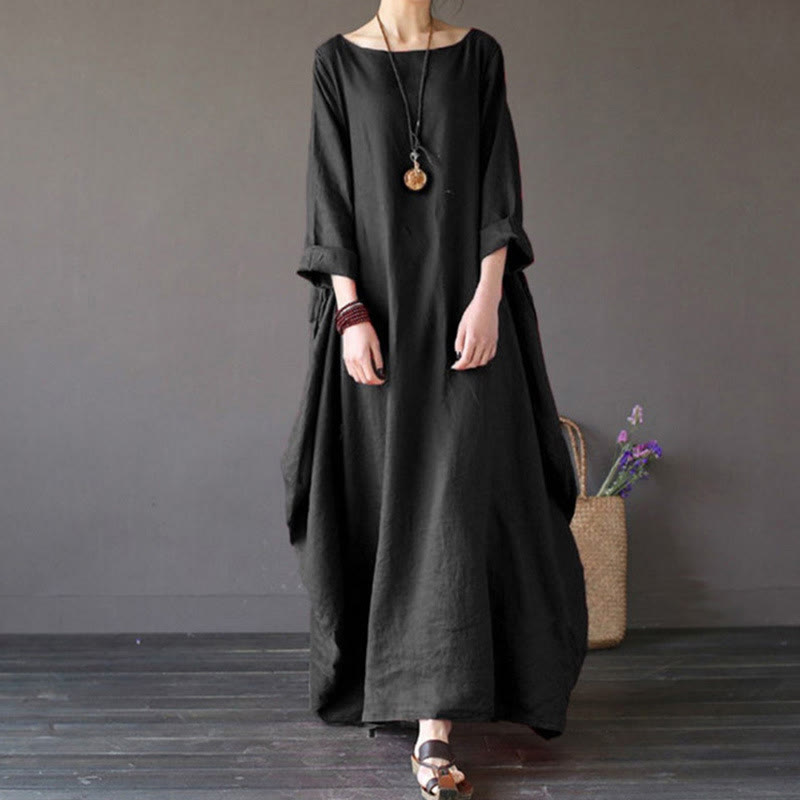 Buddha Stones Solid Color Three Quarter Sleeve Cotton Women's Maxi Dress - Black - US16,UK/AU20,EU48 (5XL) - image 12