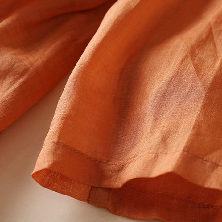 Buddha Stones Embroidery Geometry Nine-Quarter Sleeve Cotton Women's Midi Dress With Pockets