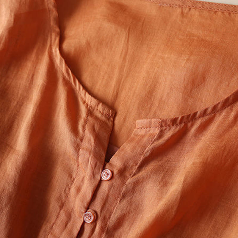 Buddha Stones Embroidery Geometry Nine-Quarter Sleeve Cotton Women's Midi Dress With Pockets