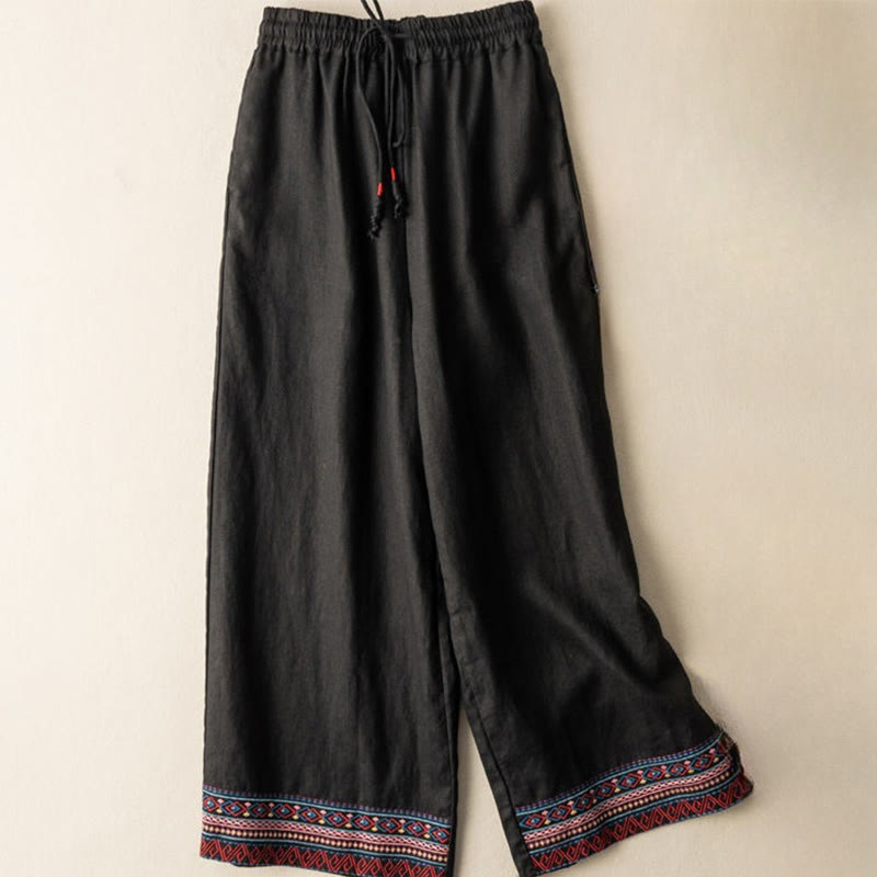 Buddha Stones Casual Embroidery Bohemian Pattern Drawstring Cotton Linen Women's Wide Leg Pants With Pockets - Black - US12,UK/AU16,EU44 (XL) - image 8
