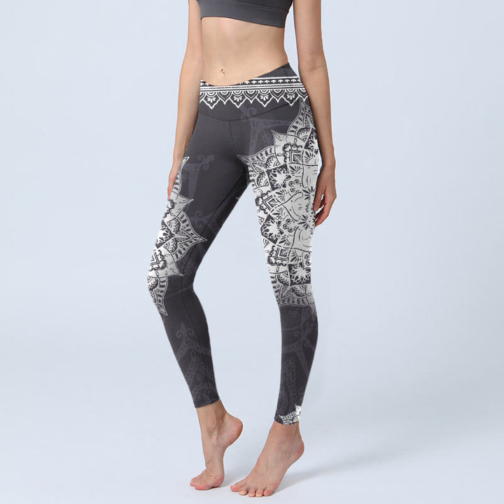 Buddha Stones Black Mandala Flowers Print Exercise Leggings Women's Yoga Pants - Black - US18,UK/AU22,EU50 (4XL) - image 1