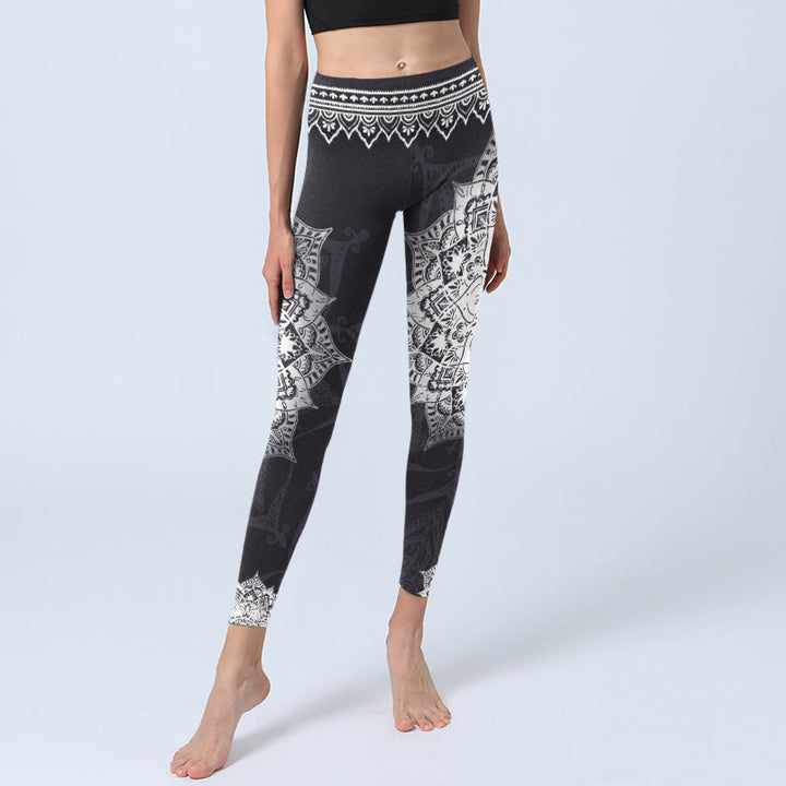 Buddha Stones Black Mandala Flowers Print Exercise Leggings Women's Yoga Pants - image 6