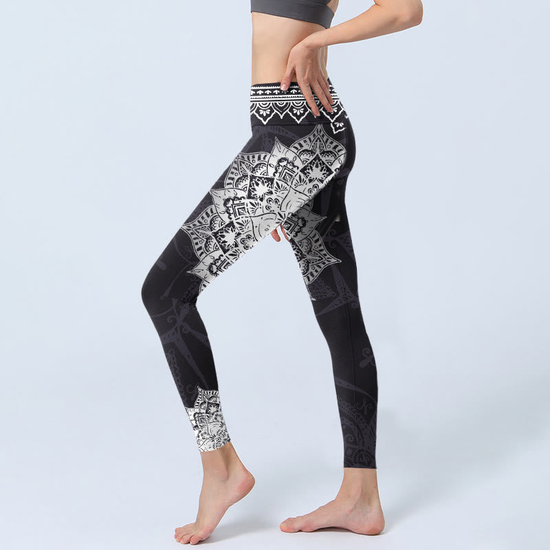 Buddha Stones Black Mandala Flowers Print Exercise Leggings Women's Yoga Pants - image 3