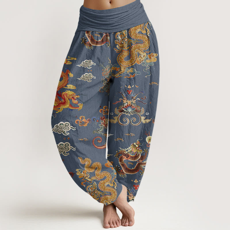 Buddha Stones Golden Dragons Auspicious Clouds Design Women's Elastic Waist Harem Pants - SteelBlue - US22,UK/AU26,EU54 (6XL) - image 5