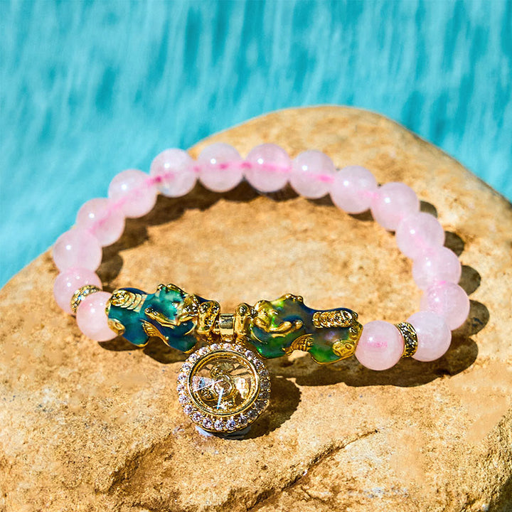 Buddha Stones Pink Crystal Color Change Double PiXiu Cyclone Charm Warmth Bracelet
