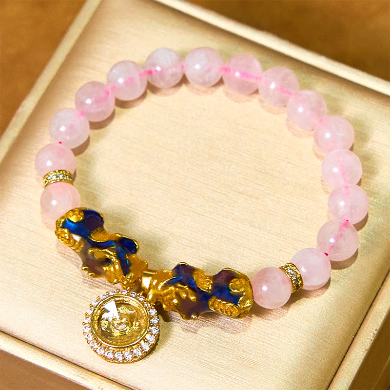 Buddha Stones Pink Crystal Color Change Double PiXiu Cyclone Charm Warmth Bracelet