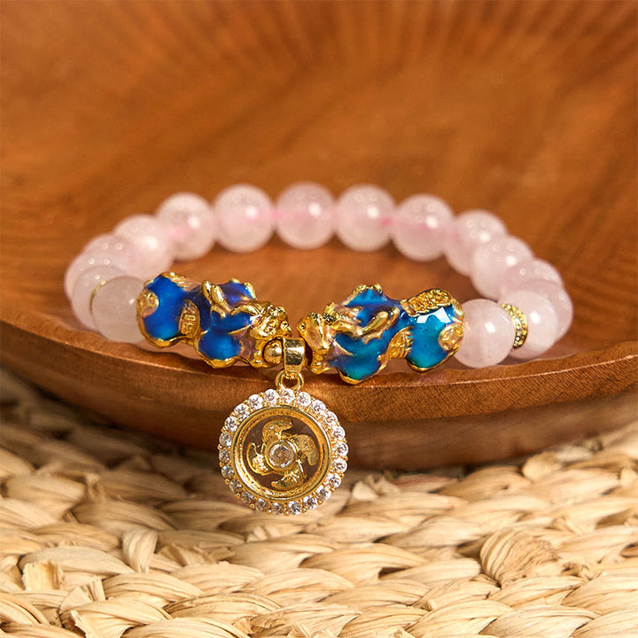 Buddha Stones Pink Crystal Color Change Double PiXiu Cyclone Charm Warmth Bracelet