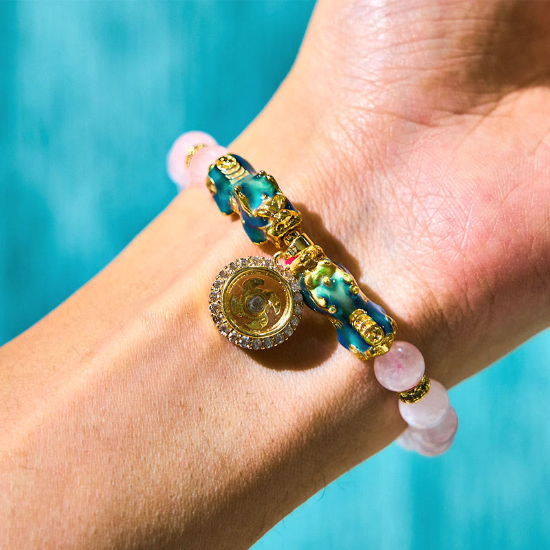 Buddha Stones Pink Crystal Color Change Double PiXiu Cyclone Charm Warmth Bracelet