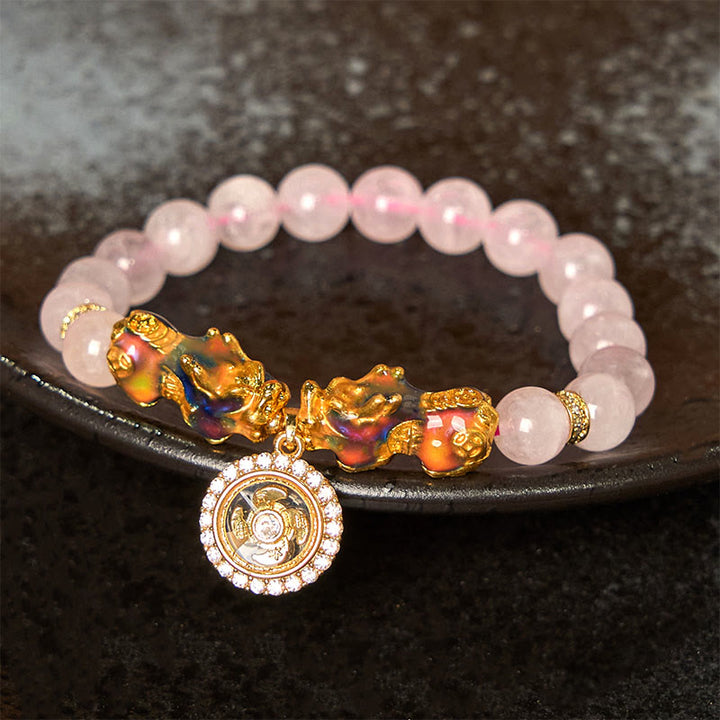 Buddha Stones Pink Crystal Color Change Double PiXiu Cyclone Charm Warmth Bracelet