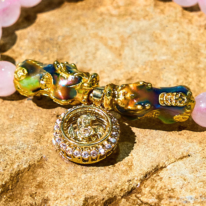 Buddha Stones Pink Crystal Color Change Double PiXiu Cyclone Charm Warmth Bracelet